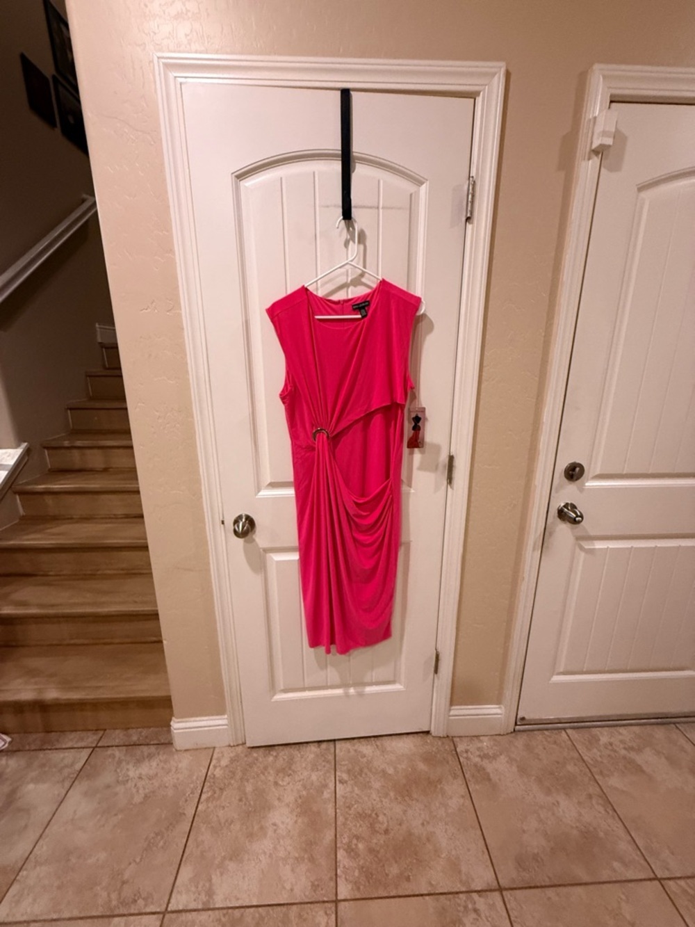 Nina Leonard Pink Dress Size L Sleeveless Ruched Ring Detail Stretch